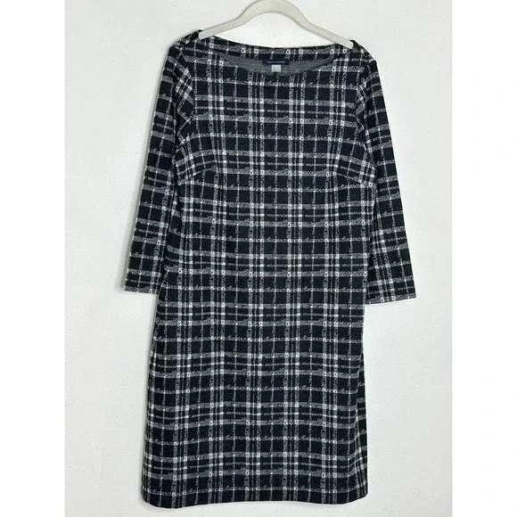 Tommy Hilfiger Houndstooth Gray White Black 3/4 Sleeve Boat Neck Dress Sz 10 - Picture 2 of 5